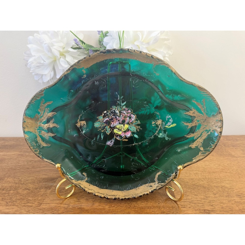 Victorian Emerald‎ Green Hand Painted Glass Dish Gold Floral Pressed Art Glass